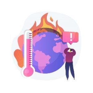 illustration of climate change with a globe on fire, a person and thermometer