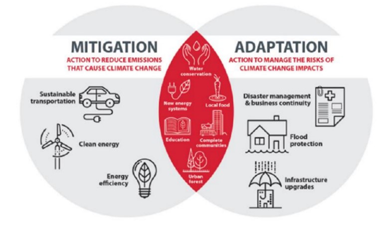 diagram showing mitigation and adaptation actions to reduce the risk of climate change impact